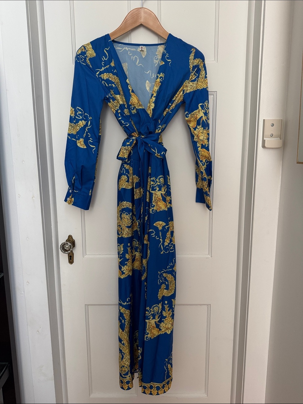 Blue & Gold Printed Wrap Maxi Dress